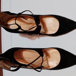 Ivanka Trump black suede like tie up high heel with zip up back. Size 10